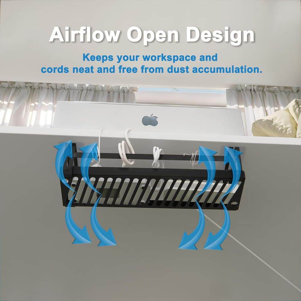 Under Desk Cable Management Tray 2-Pack Self-Adhesive Installation Cord Organizer for Office Home Black - Thumbnail 4