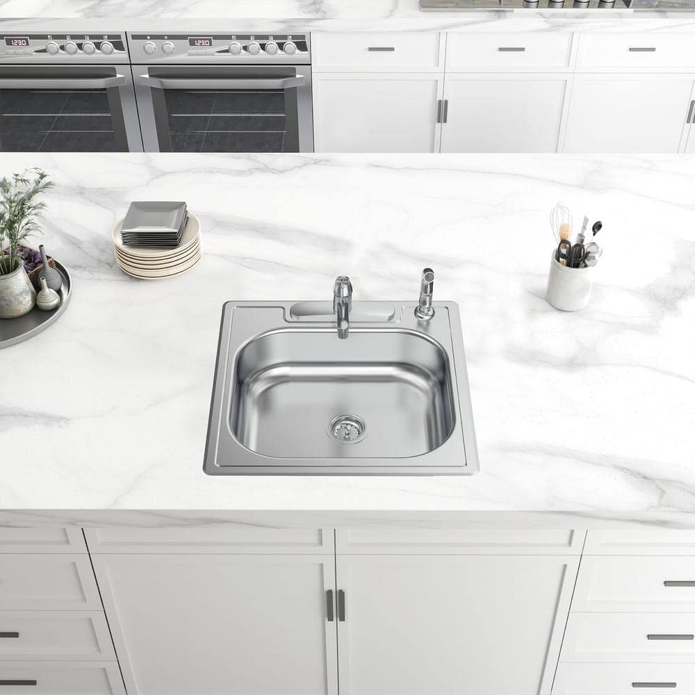 25-inch Brushed Stainless Steel Single Bowl Drop-In Kitchen Sink with Faucet