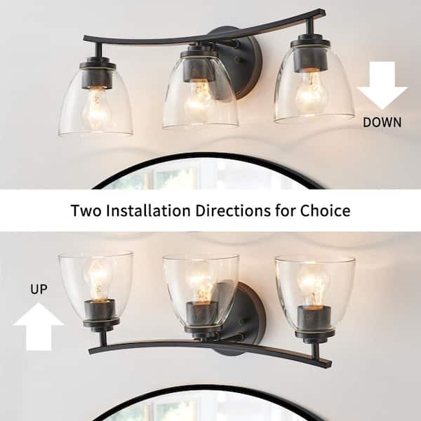 22 in. 3-Light Painted Black Vanity Light with Clear Bell-Shaped Glass Shade