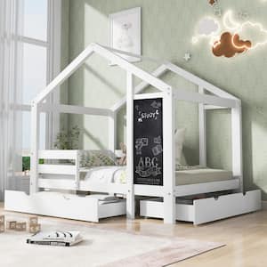 White Twin House Bed, Kid Bed with Blackboard and Drawers, 2 assembly options