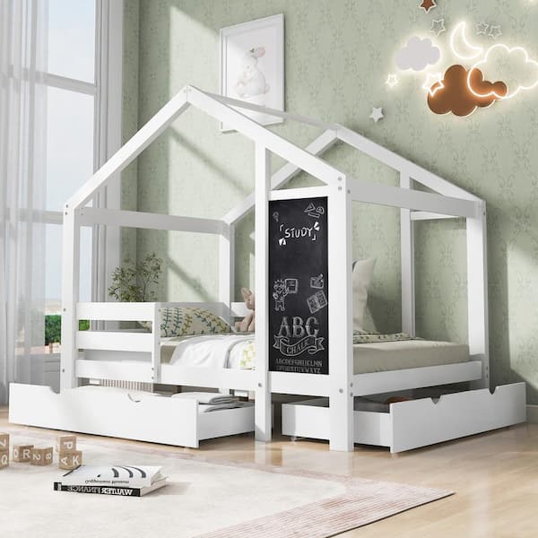 Polibi White Twin House Bed, Kid Bed with Blackboard and Drawers, 2 assembly options