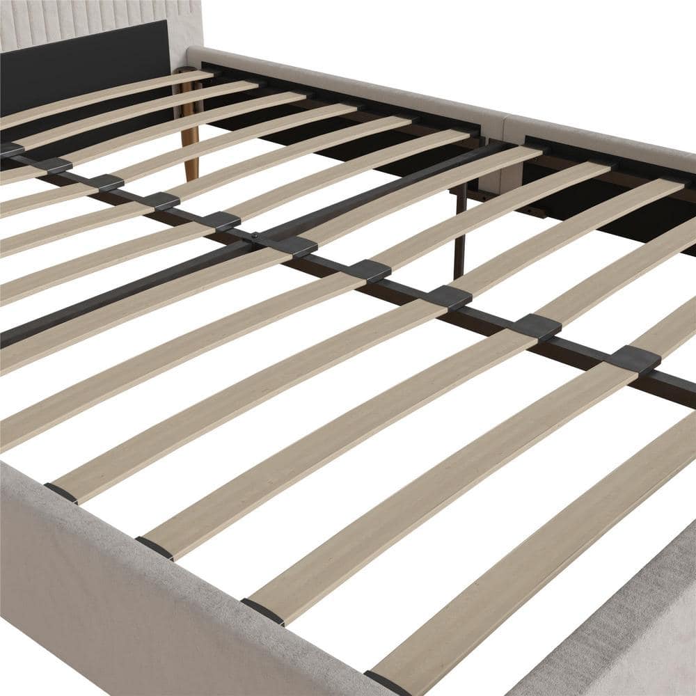 Ivory Velvet Full Upholstered Bed with Tufted Headboard and Slats