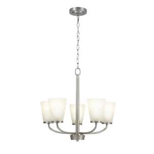 Helena 21 in 5-Light Brushed Nickel Hanging Chandelier with Frosted Glass Shades for Dining Room