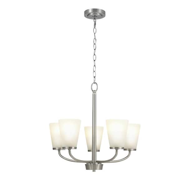 Hampton Bay Helena 21 in 5-Light Brushed Nickel Hanging Chandelier with Frosted Glass Shades for Dining Room