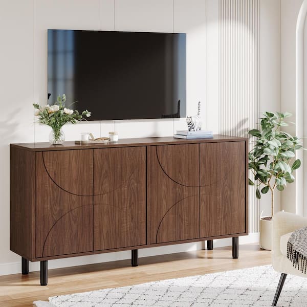 BYBLIGHT Ahlivia Brown Wood 55 in. W Buffet Cabinet Sideboards Accent Storage Cabinet with 4 Door and Adjustable Shelf BB JW0830QP