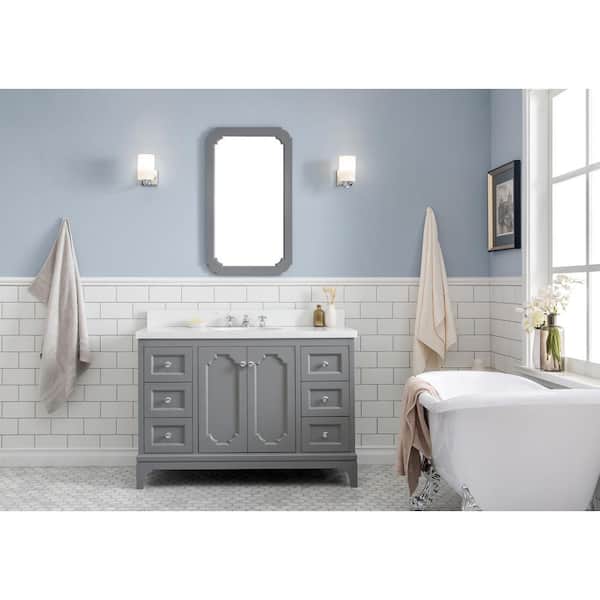 Water Creation Queen 48 in. Cashmere Grey With Quartz Carrara Vanity Top With Ceramics White Basins