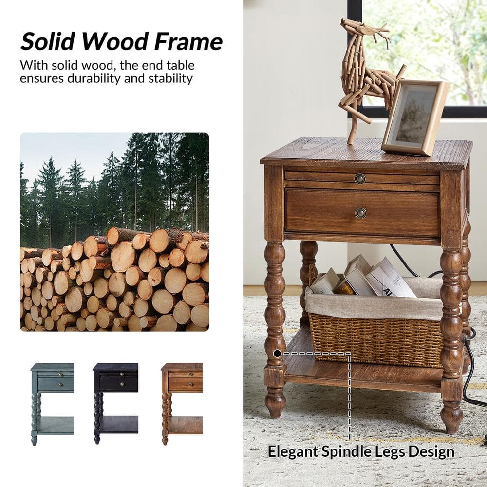 Jim Walnut Traditional 20 in. W Solid Wood End Table with USB - thumbnail 5