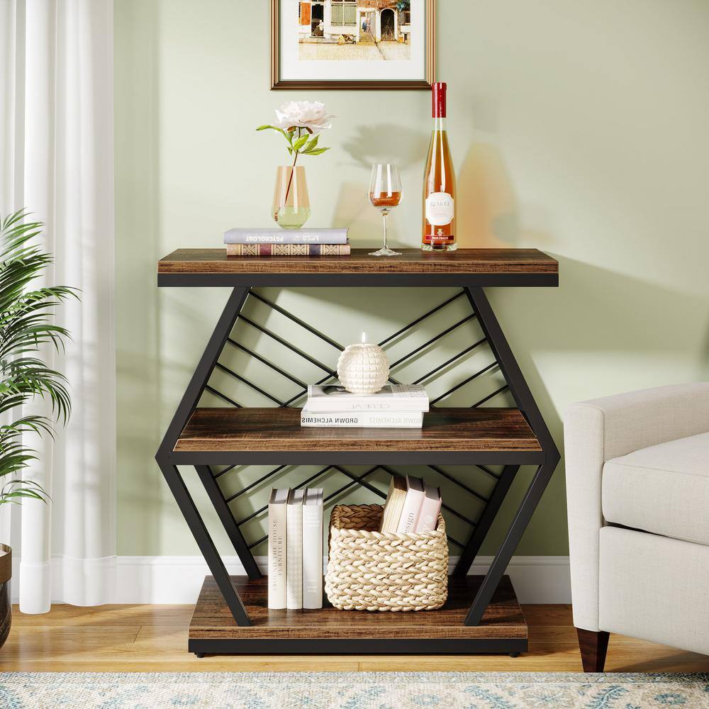 Rustic Brown Wood and Black Metal 3-Tier End Table