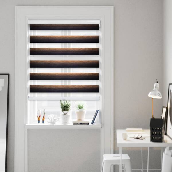 Chicology Cut-to-Size Smokey Walnut Cordless Light Filtering Dual Layer Privacy Polyester Zebra Roller Shade 58 in. W x 72 in. L