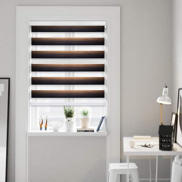 Chicology Cut-to-Size Smokey Walnut Cordless Light Filtering Dual Layer Privacy Polyester Zebra Roller Shade 44.5 in. W x 72 in. L
