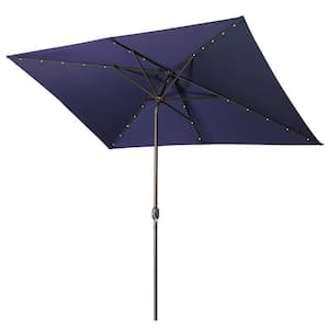 10 ft. x 6.5 ft. Solar Lights Patio Outdoor Aluminium Tilt Beach Umbrella in Navy Blue without Stand