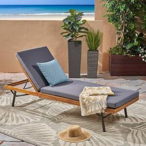 Canoga Teak Brown Wood Outdoor Patio Chaise Lounge with Dark Grey Cushion