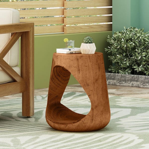 Antique Brown Round Top Hollow MGO Concrete Outdoor Side Table with Wood-like Texture