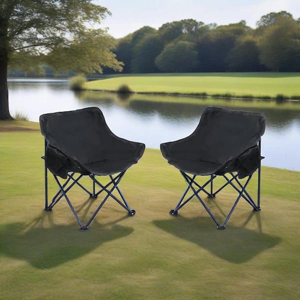 Portable Folding Black Camping Chair, w/ Carry Bag and Steel Frame, Outdoor for Camping, Picnics, (2-Pack)