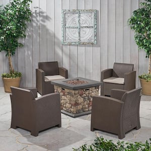 Caley Brown 5-Piece Faux Wicker Patio Fire Pit Seating Set with Mixed Beige Cushions