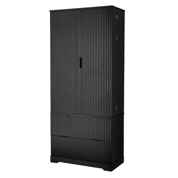 Ethen Modern Black Fluted 71.65 in. Tall Kitchen Pantry Cabinet with 2 Large Drawers, 8-Door Spice Rack