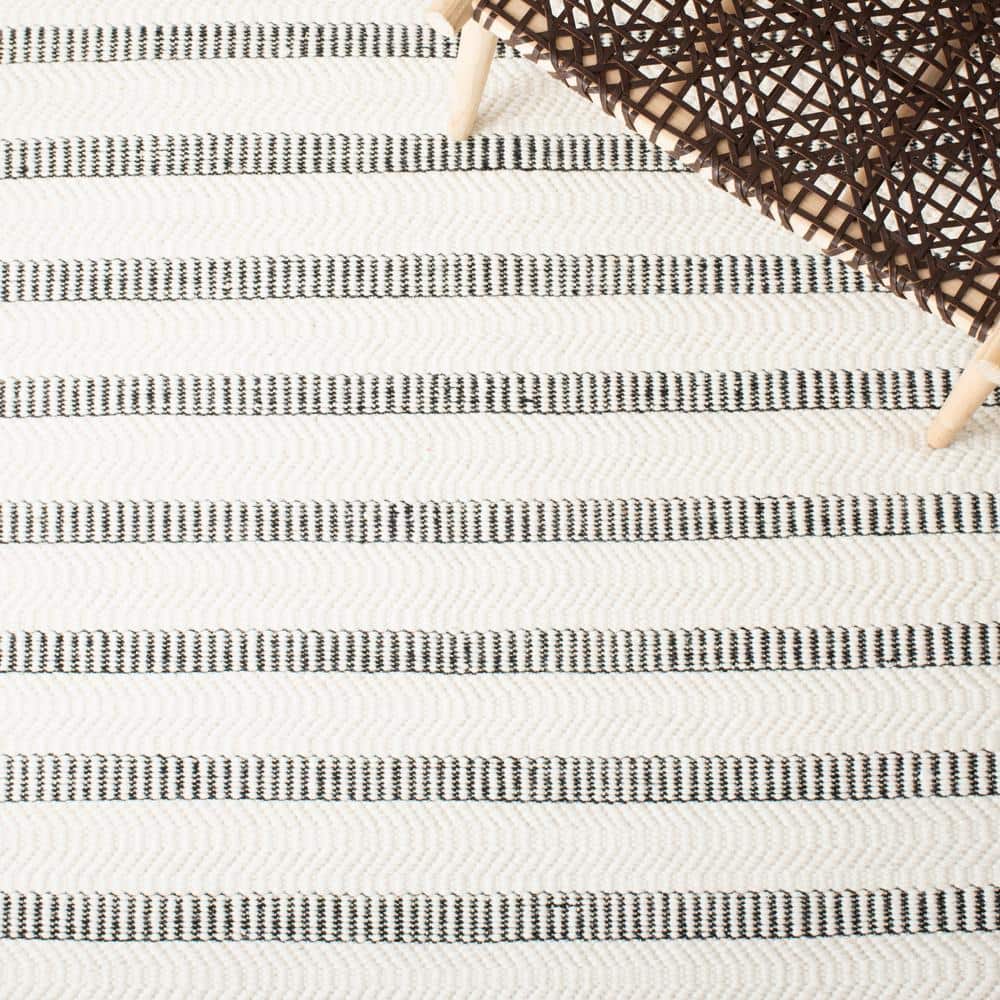 Black and Ivory Striped Wool 9' x 12' Handmade Rug