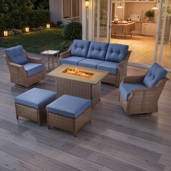 Artisan Brown 7-Piece Wicker Outdoor Patio Fire Pit Conversation Set with Navy Blue Cushions and Swivel Gliders