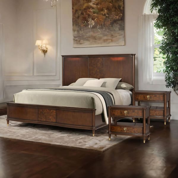 Whitney 3-Piece Traditional Dark Cherry Wood King Panel Bedroom Set with Reading LED on Headboard