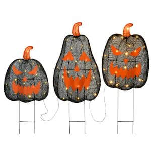 35 in. Pre-Lit Black Jack-O-Lantern Garden Stakes with LED Lights (Set of 3)