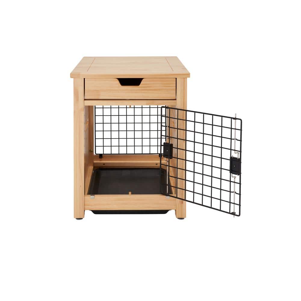 Small Beige and Brown Pine Wood Pet Crate End Table