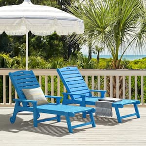 Oversized Plastic Outdoor Chaise Lounge Chair with Wheels and Adjustable Backrest for Poolside Patio(set of 2)-Blue