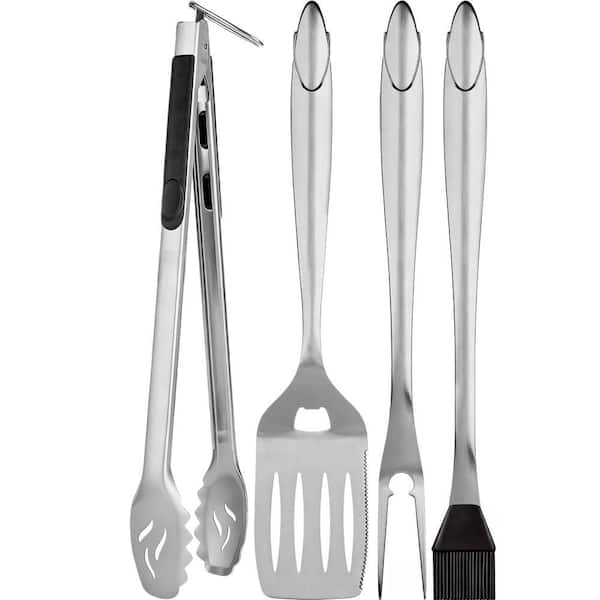 4-Piece BBQ Accessories Grill Tools Set with Spatula, Fork, Brush and Tongs for Cooking Grilling, Silver