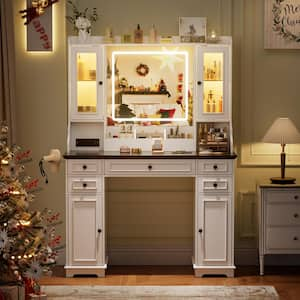 White Vanity Desk with Mirror and Lights, Makeup Vanity with 5-Drawers and Cabinets, Charging Station, 3-Lighting Modes