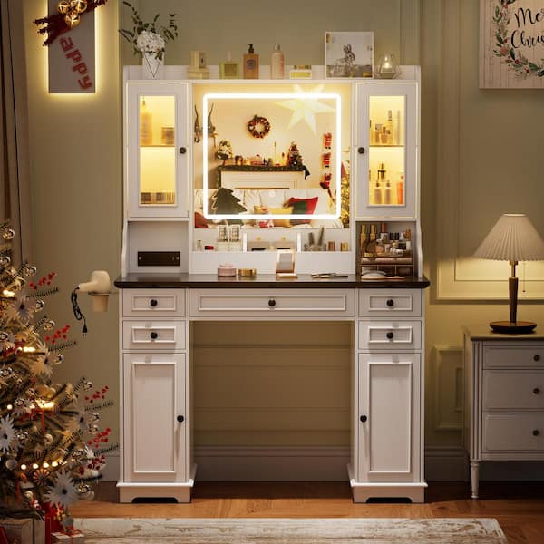 PAKASEPT White Vanity Desk with Mirror and Lights, Makeup Vanity with 5-Drawers and Cabinets, Charging Station, 3-Lighting Modes