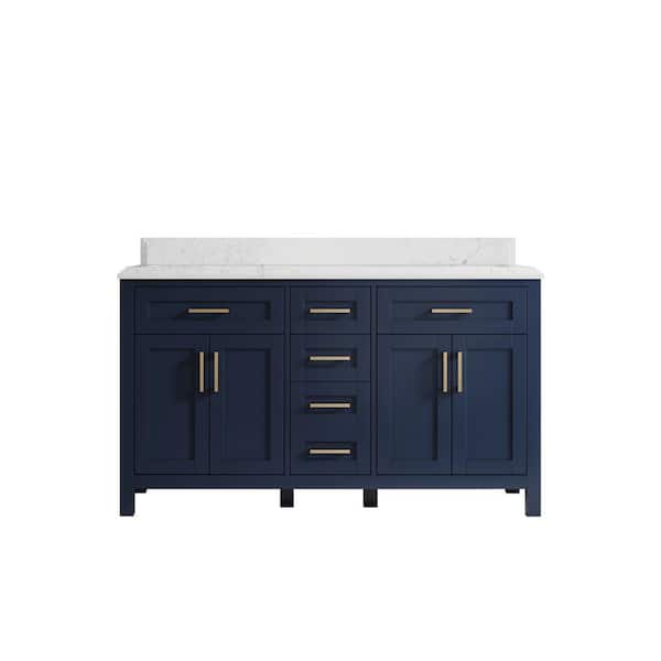 Willow Collections Cambridge 60 in. W x 22 in. D x 36 in. H Double Sink Bath Vanity in Navy Blue with Cove Edge Empira Quartz Top