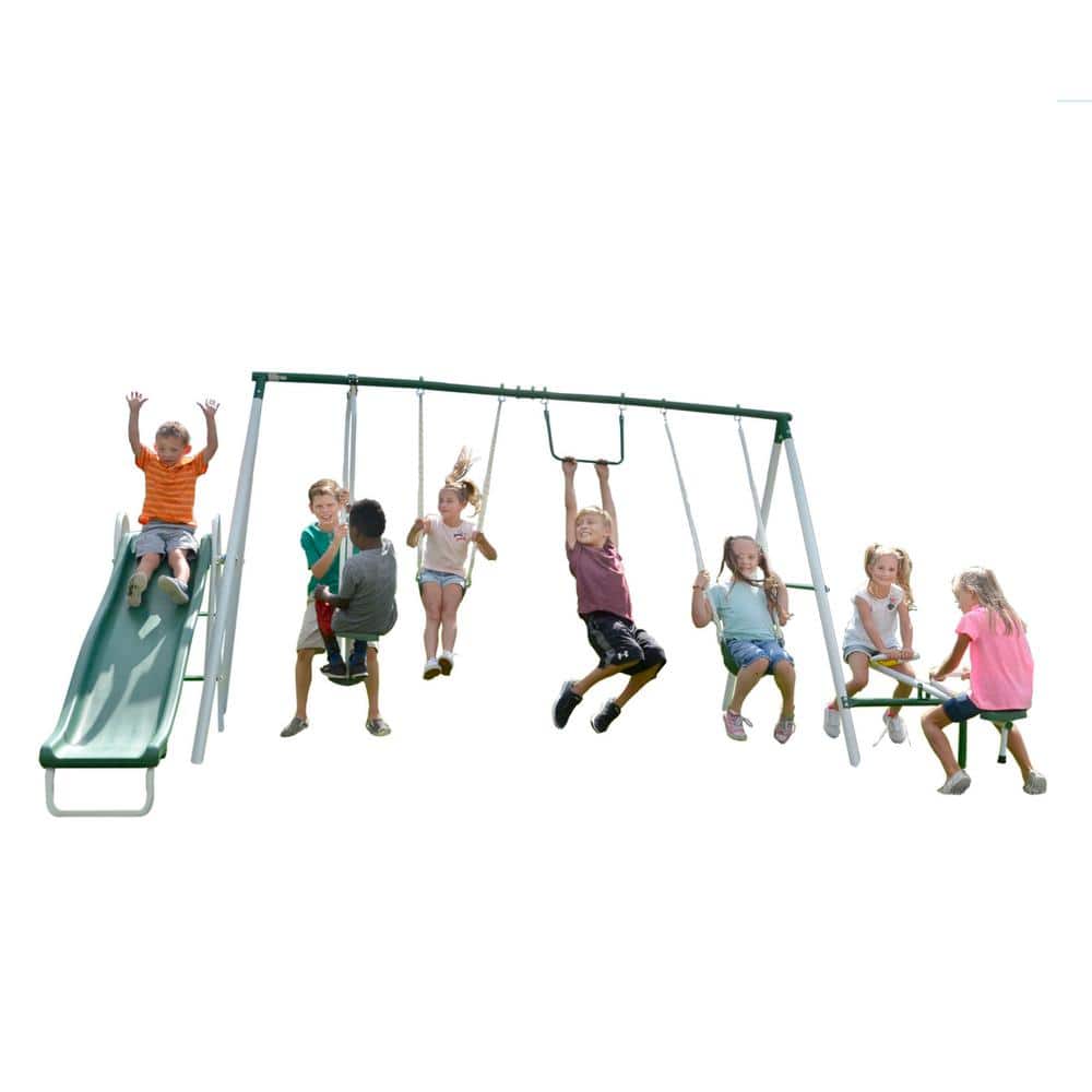 Live Oak White and Green Metal Swing Set with Slide