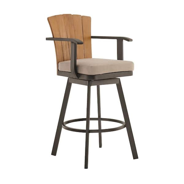 Luna Swivel Metal and Teak Wood Outdoor Bar Stool with Beige Cushion