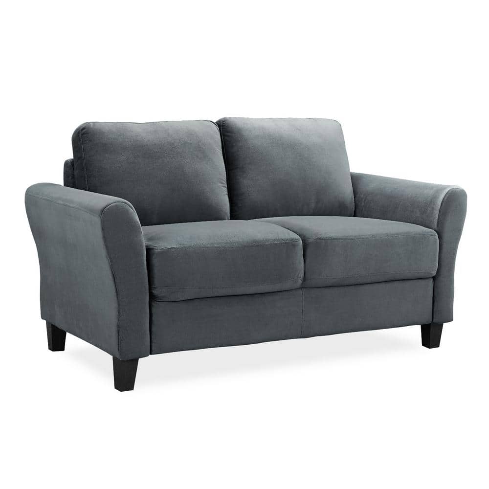 Dark Grey Microfiber Rolled Arm Loveseat with Wooden Frame