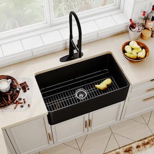 Black Fireclay 30 in. Single Bowl Farmhouse Apron Kitchen Sink with Sprayer Kitchen Faucet and Accessories