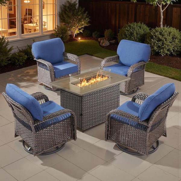 Tyber Brown 5-Piece Wicker Patio Fire Pit Conversation Furniture Set with 5 in. Blue Cushions Outdoor Swivel Chairs