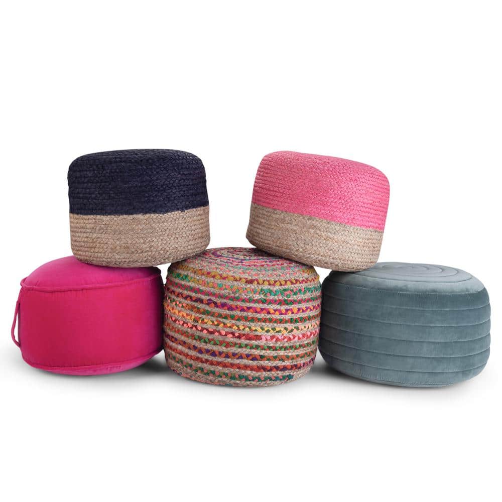 Margo Boho Hand-Braided Jute & Cotton Round Pouf, Multicolor