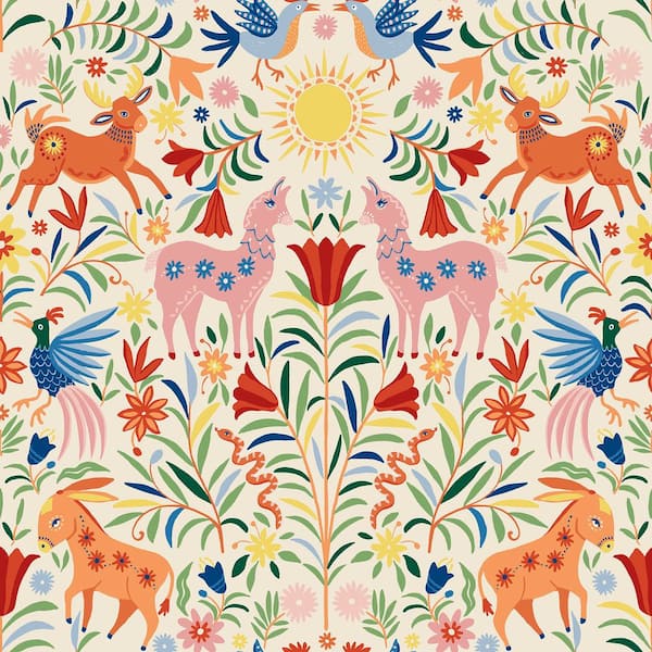 Whimsical Creatures Cream White Peel and Stick Wallpaper