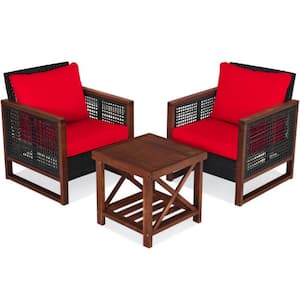 3-Pieces Wicker Patio Conversation Furniture Set w/Cushion Guard Red Cushion and Acacia Wood Coffee Table