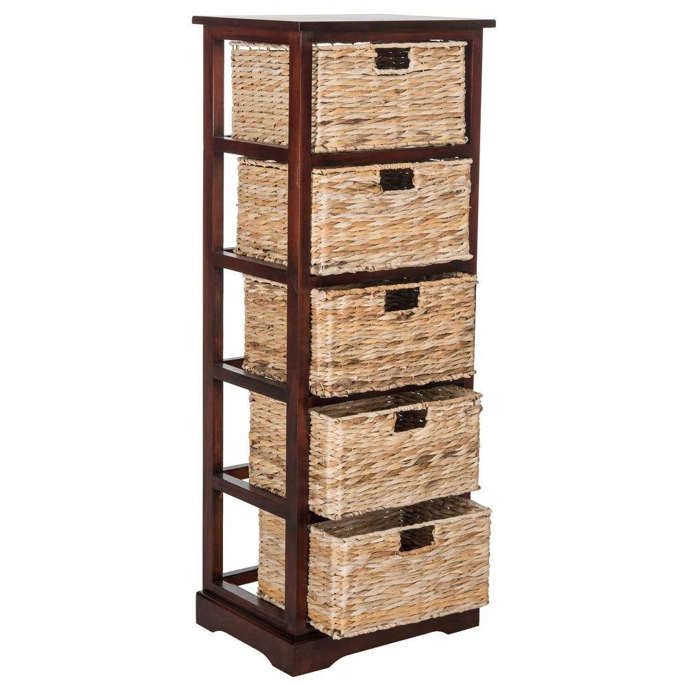 Cherry Pine 5-Drawer Wicker Basket Storage Tower