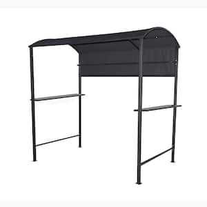 7 ft. x 6.8 ft. Gray Steel Double Tiered Patio BBQ Gazebo with Side Awning, Bar Counters and Hooks