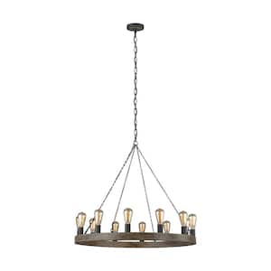 Avenir 12-Light Weathered Oak Wood and Antique Forged Iron Rustic Farmhouse Wagon Wheel Hanging Candlestick Chandelier