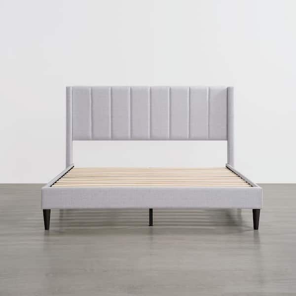 Spruce & Spring Jasper Gray Wood and Metal Frame Upholstered Queen Wingback Platform Bed with Channel-Tufted Headboard