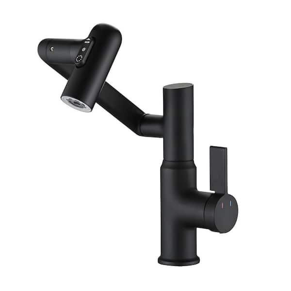 Single Handle Single Hole Temperature Display Bathroom Faucet with Sprayer 360° Rotary Sink Basin Taps in Matte Black