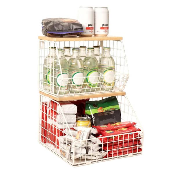 2 Piece Stackable Wall-Mounted Hanging Wire Fruit Basket Set with Wood Lid, for Kitchen Countertop Organization in White