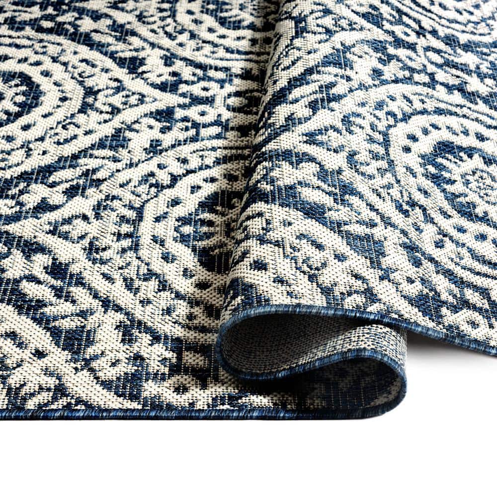 Navy Blue and Ivory Synthetic Moroccan Damask Area Rug