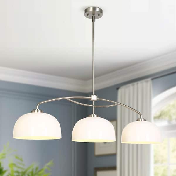 Modern 43 in. 3-Light Nickel Linear Dome Kitchen Island Chandelier with White Glass Shades, Dining Island Pendant Light