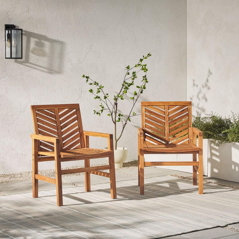 Set of 2 Brown Chevron Slatted Acacia Wood Patio Chairs