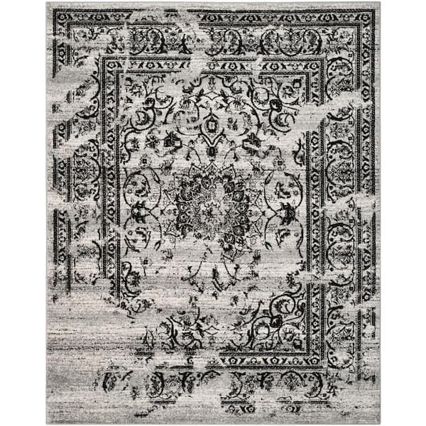 Adirondack Silver/Black 12 ft. x 18 ft. Border Floral Area Rug