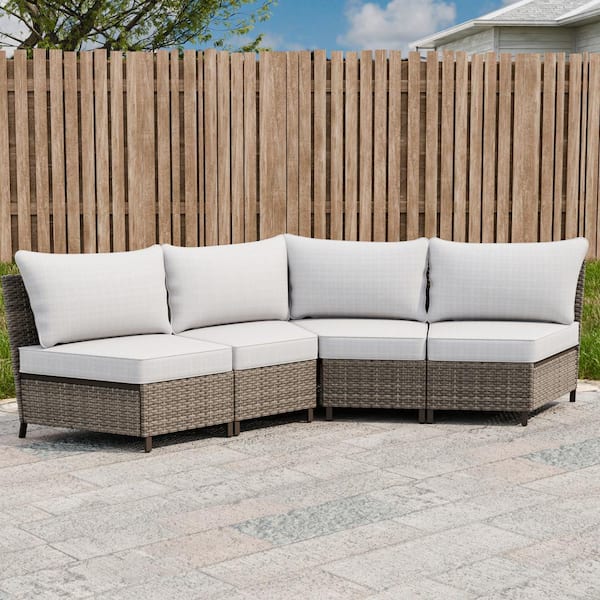 EAGLE PEAK 4-Piece Wicker Patio Curved Outdoor Conversation Set, Armless Middle Sectional Sofa with Beige Cushions
