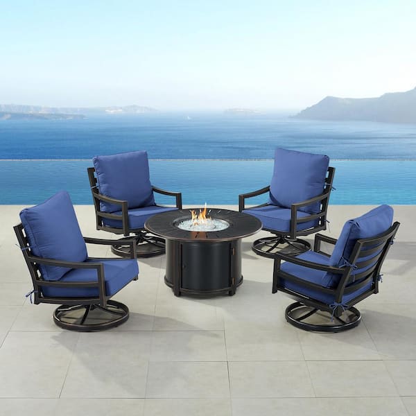 Oakland Living Black 7-Piece Aluminum Patio Fire Pit Set with 4-Club Chairs Blue Cushions